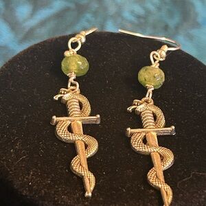 Silver Snake Sword Earrings with Jade Beads